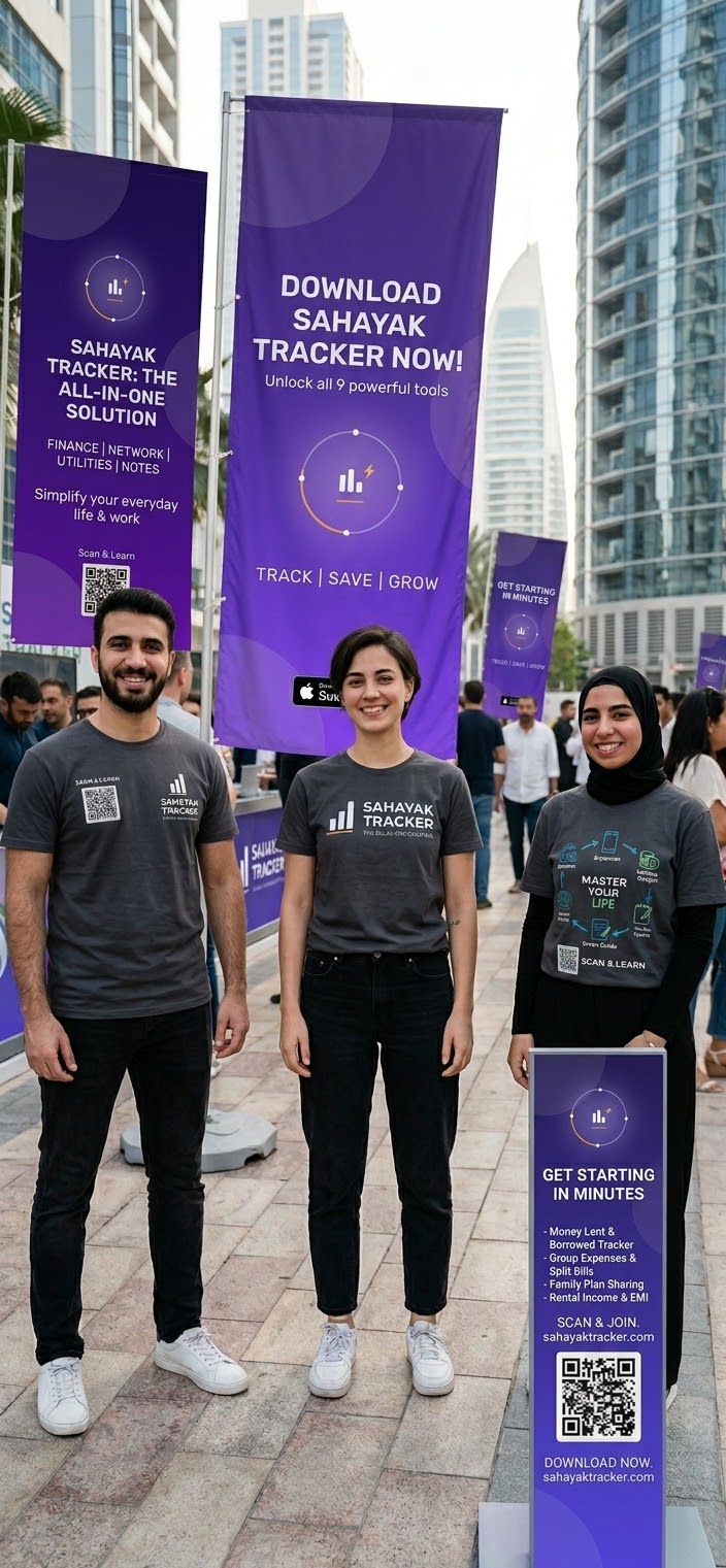 Sahayak Tracker event signage — download now, track, save, grow
